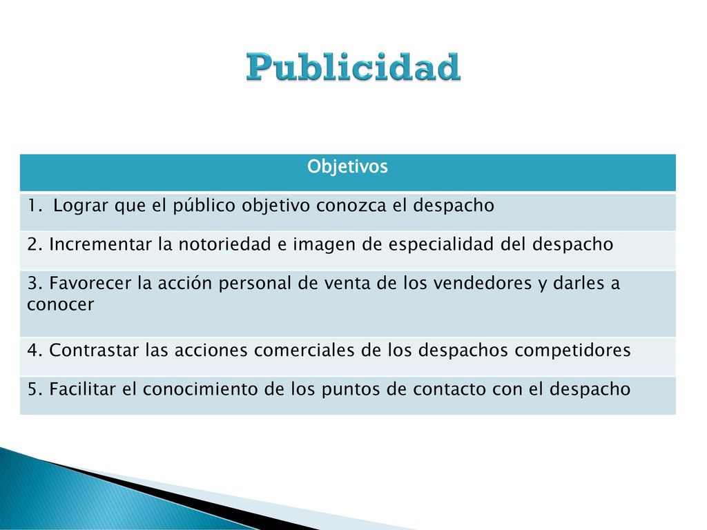 Publicidad Objetivos. Lograr que el público objetivo conozca el despacho. 2. Incrementar la notoriedad e imagen de especialidad del despacho.