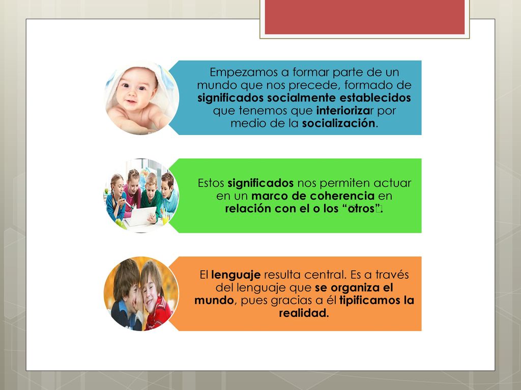 Empezamos a formar parte de un mundo que nos precede, formado de significados socialmente establecidos que tenemos que interiorizar por medio de la socialización.