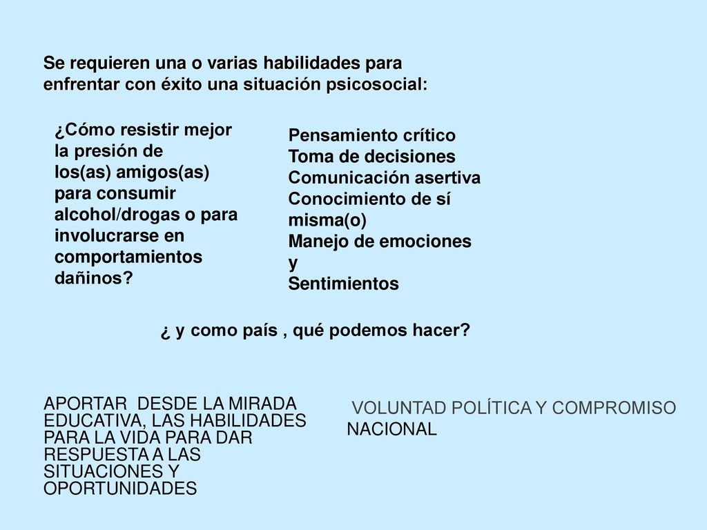 Se requieren una o varias habilidades para enfrentar con éxito una situación psicosocial: