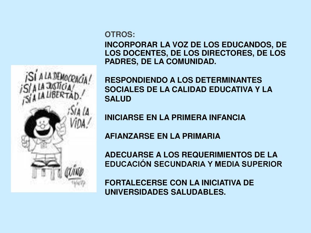 OTROS: INCORPORAR LA VOZ DE LOS EDUCANDOS, DE LOS DOCENTES, DE LOS DIRECTORES, DE LOS PADRES, DE LA COMUNIDAD.
