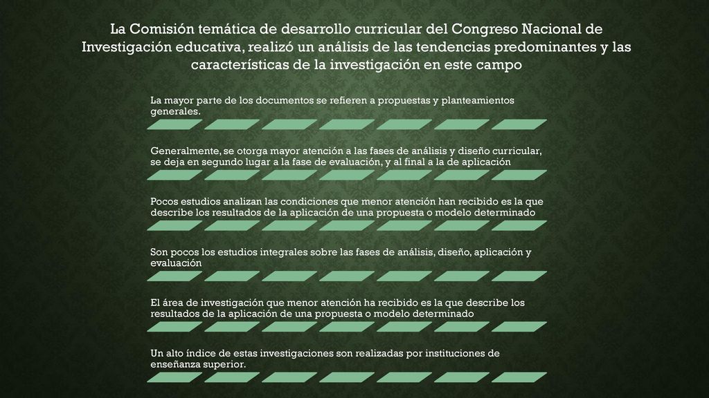 La Comisión temática de desarrollo curricular del Congreso Nacional de Investigación educativa, realizó un análisis de las tendencias predominantes y las características de la investigación en este campo