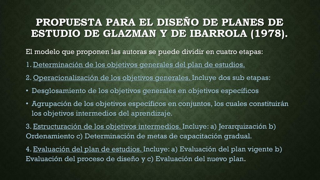 Propuesta para el diseño de planes de estudio de Glazman y De Ibarrola (1978).