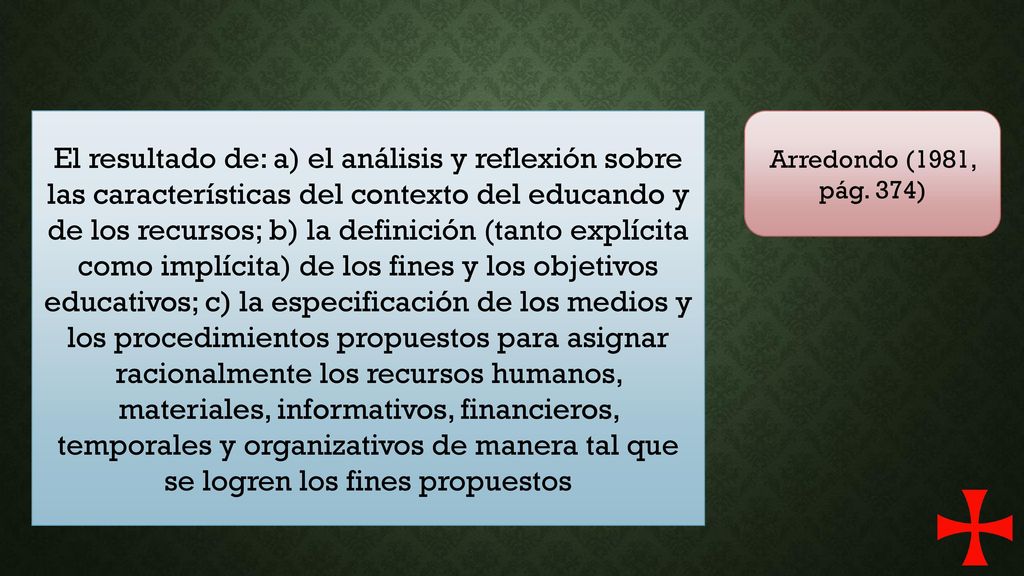 El resultado de: a) el análisis y reflexión sobre las características del contexto del educando y de los recursos; b) la definición (tanto explícita como implícita) de los fines y los objetivos educativos; c) la especificación de los medios y los procedimientos propuestos para asignar racionalmente los recursos humanos, materiales, informativos, financieros, temporales y organizativos de manera tal que se logren los fines propuestos
