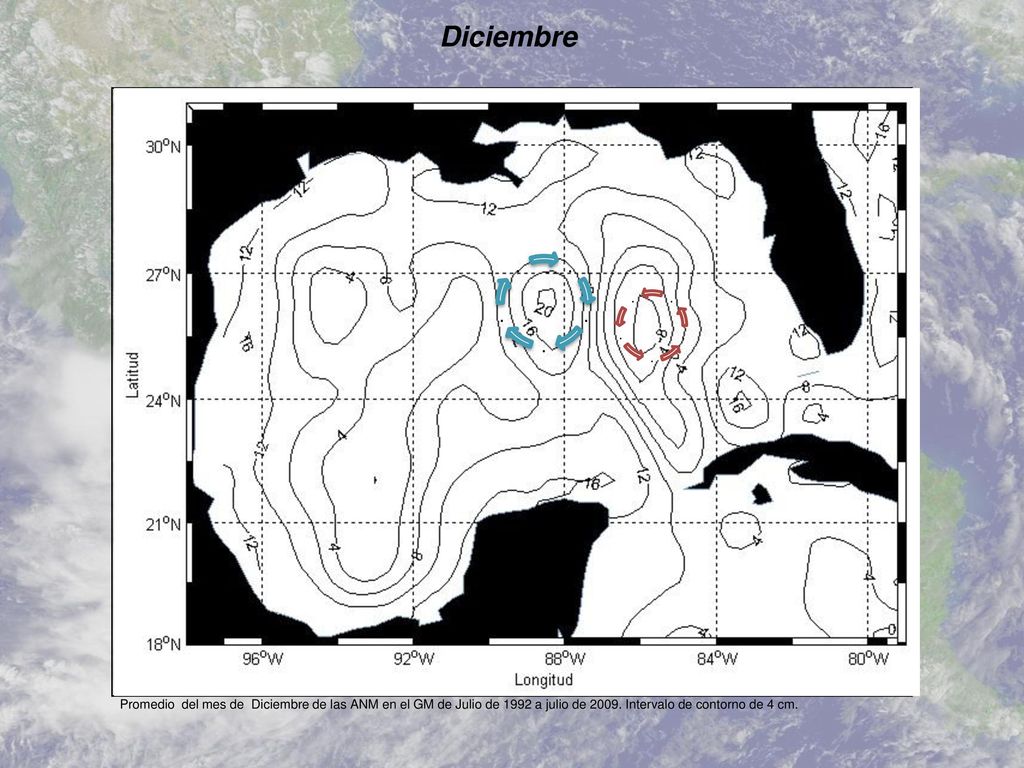 Diciembre Promedio del mes de Diciembre de las ANM en el GM de Julio de 1992 a julio de Intervalo de contorno de 4 cm.
