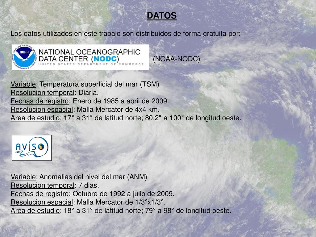DATOS Los datos utilizados en este trabajo son distribuidos de forma gratuita por: (NOAA-NODC) Variable: Temperatura superficial del mar (TSM)
