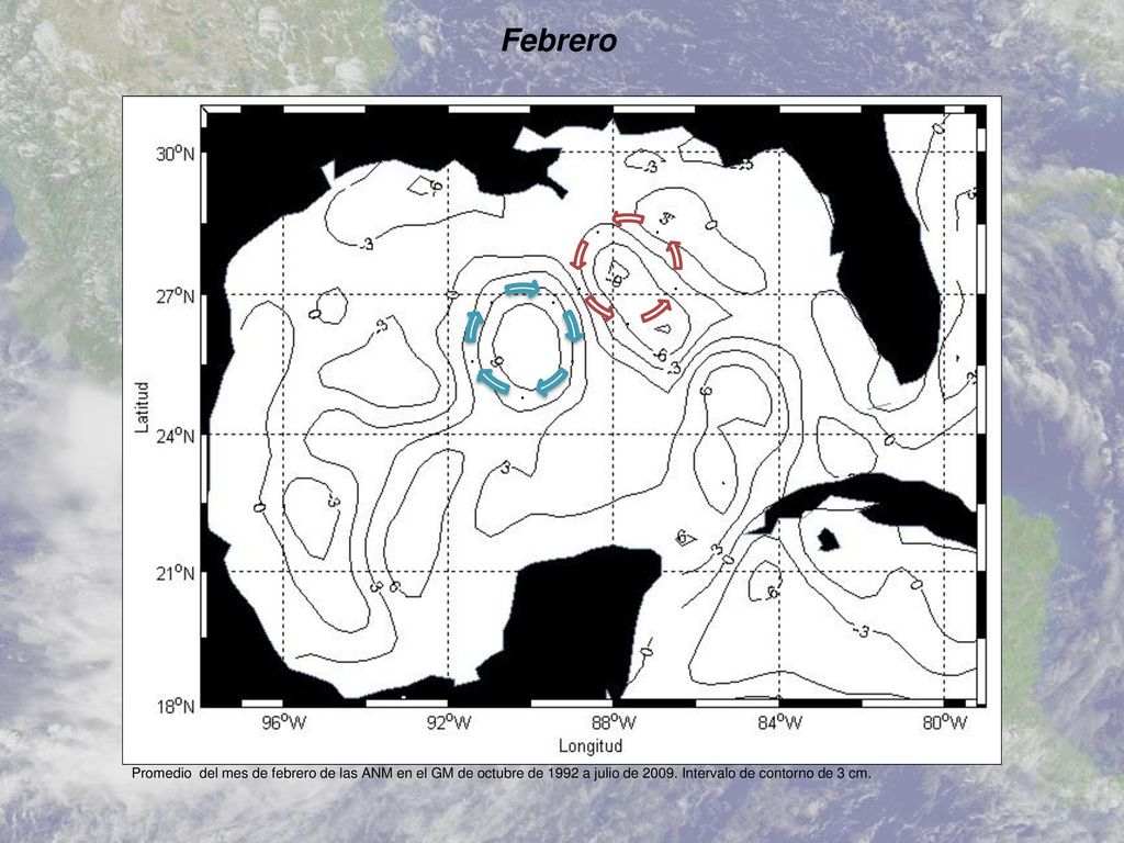 Febrero Promedio del mes de febrero de las ANM en el GM de octubre de 1992 a julio de Intervalo de contorno de 3 cm.