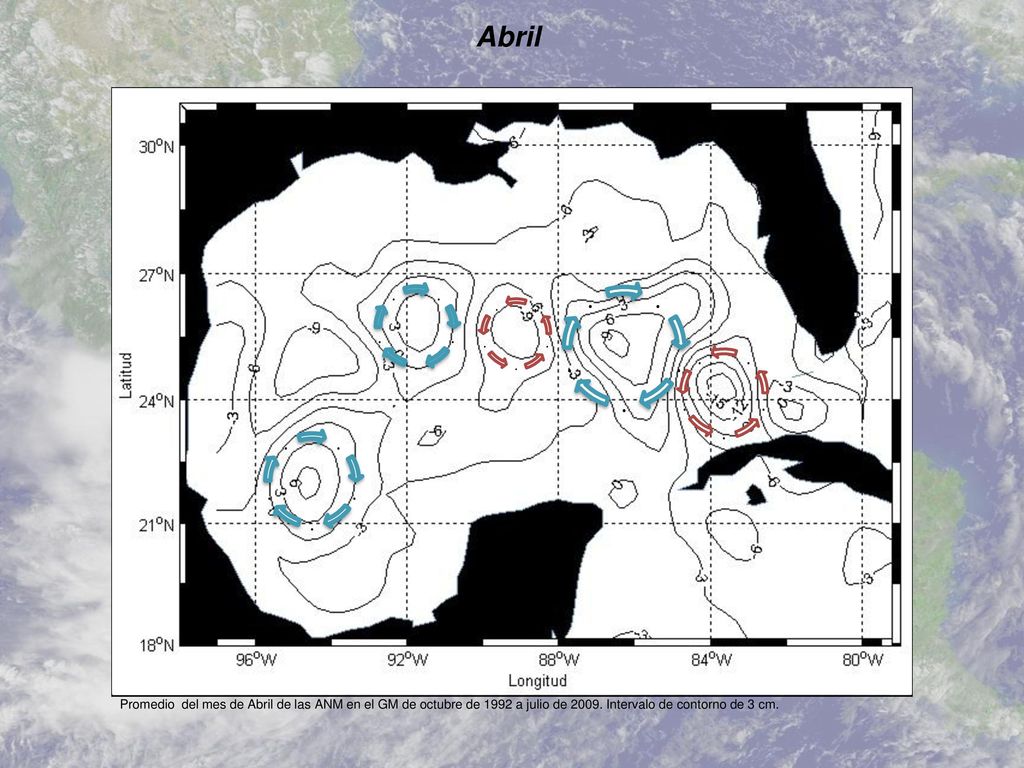 Abril Promedio del mes de Abril de las ANM en el GM de octubre de 1992 a julio de Intervalo de contorno de 3 cm.