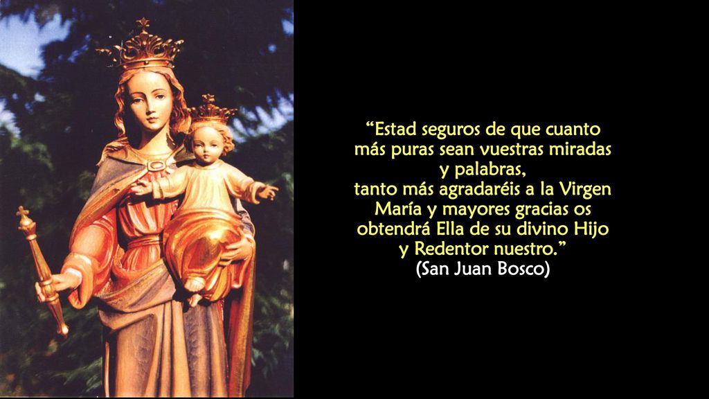 Estad seguros de que cuanto más puras sean vuestras miradas y palabras, tanto más agradaréis a la Virgen María y mayores gracias os obtendrá Ella de su divino Hijo y Redentor nuestro. (San Juan Bosco)