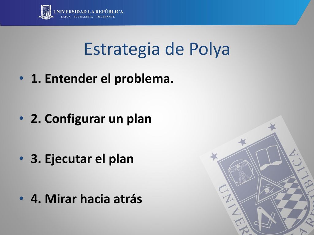 Estrategia de Polya 1. Entender el problema. 2. Configurar un plan