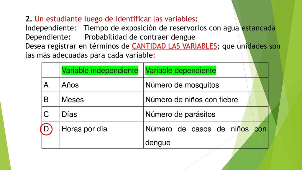 2. Un estudiante luego de identificar las variables: Independiente: Tiempo de exposición de reservorios con agua estancada Dependiente: Probabilidad de contraer dengue Desea registrar en términos de CANTIDAD LAS VARIABLES; que unidades son las más adecuadas para cada variable:
