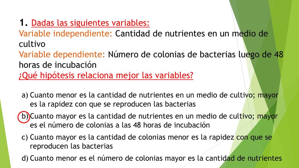 1. Dadas las siguientes variables: Variable independiente: Cantidad de nutrientes en un medio de cultivo Variable dependiente: Número de colonias de bacterias luego de 48 horas de incubación ¿Qué hipótesis relaciona mejor las variables