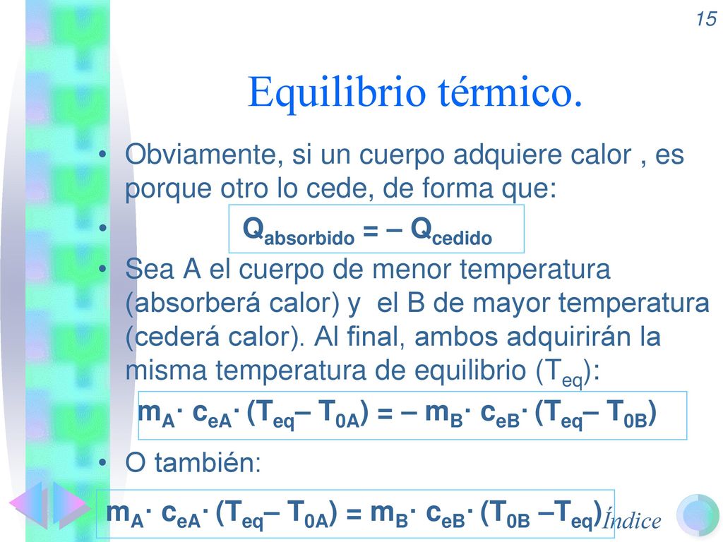 Equilibrio térmico. Obviamente, si un cuerpo adquiere calor , es porque otro lo cede, de forma que: