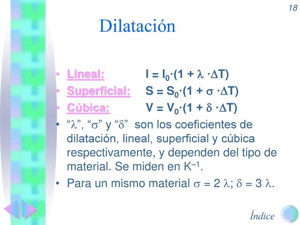 Dilatación Lineal: l = l0·(1 +  ·T) Superficial: S = S0·(1 +  ·T)