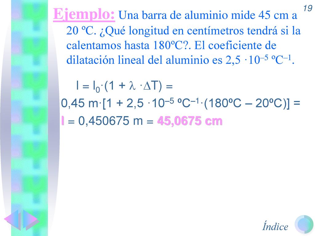 Ejemplo: Una barra de aluminio mide 45 cm a 20 ºC