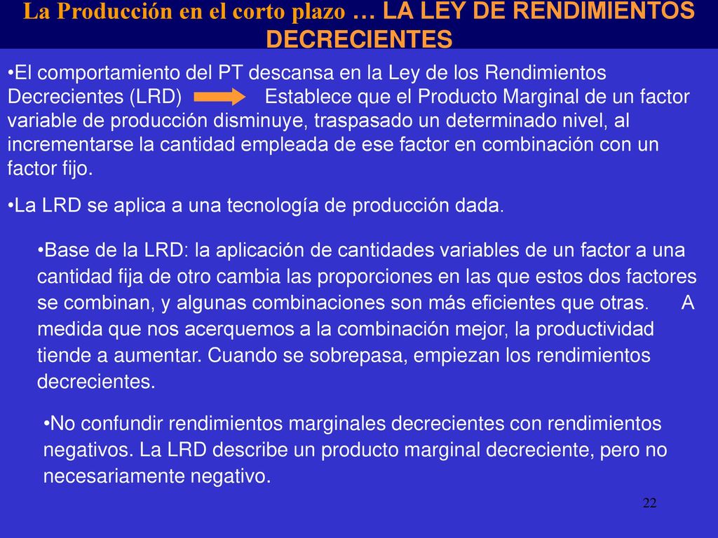 La Producción en el corto plazo … LA LEY DE RENDIMIENTOS DECRECIENTES