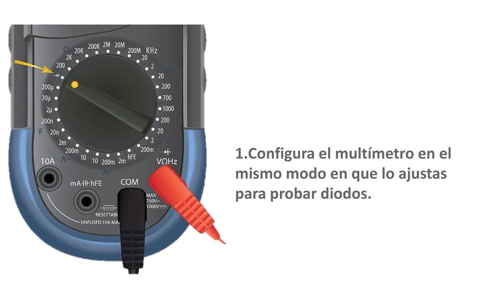 Configura el multímetro en el mismo modo en que lo ajustas para probar diodos.