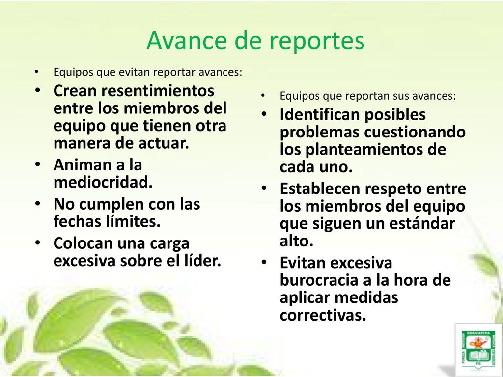Avance de reportes Equipos que evitan reportar avances: Crean resentimientos entre los miembros del equipo que tienen otra manera de actuar.
