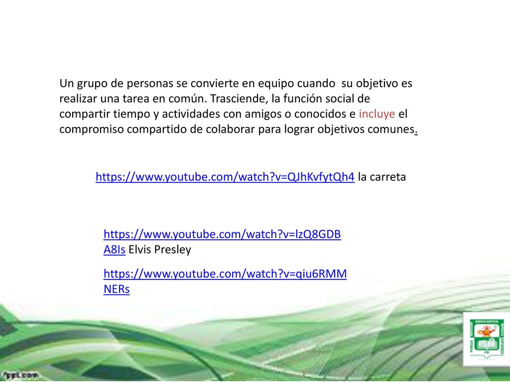 Un grupo de personas se convierte en equipo cuando su objetivo es realizar una tarea en común. Trasciende, la función social de compartir tiempo y actividades con amigos o conocidos e incluye el compromiso compartido de colaborar para lograr objetivos comunes.