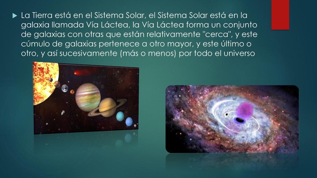 La Tierra está en el Sistema Solar, el Sistema Solar está en la galaxia llamada Vía Láctea, la Vía Láctea forma un conjunto de galaxias con otras que están relativamente cerca , y este cúmulo de galaxias pertenece a otro mayor, y este último o otro, y así sucesivamente (más o menos) por todo el universo