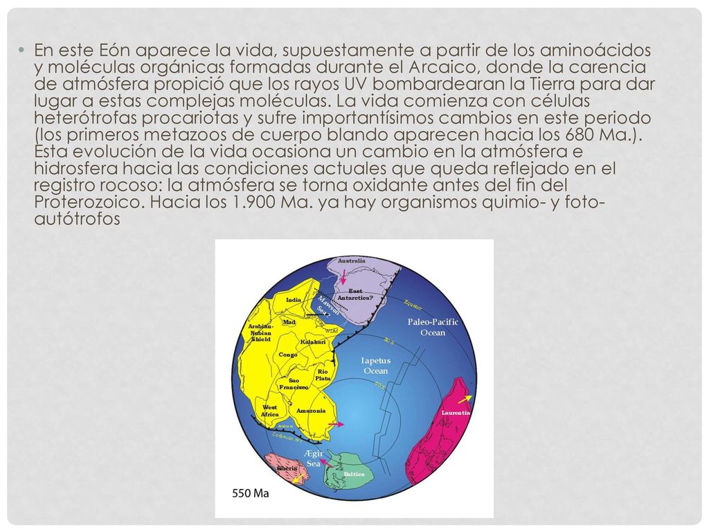 En este Eón aparece la vida, supuestamente a partir de los aminoácidos y moléculas orgánicas formadas durante el Arcaico, donde la carencia de atmósfera propició que los rayos UV bombardearan la Tierra para dar lugar a estas complejas moléculas.