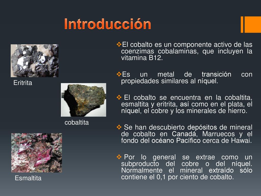 Introducción El cobalto es un componente activo de las coenzimas cobalaminas, que incluyen la vitamina B12.