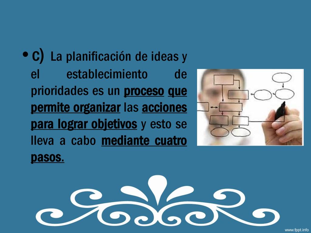 c) La planificación de ideas y el establecimiento de prioridades es un proceso que permite organizar las acciones para lograr objetivos y esto se lleva a cabo mediante cuatro pasos.