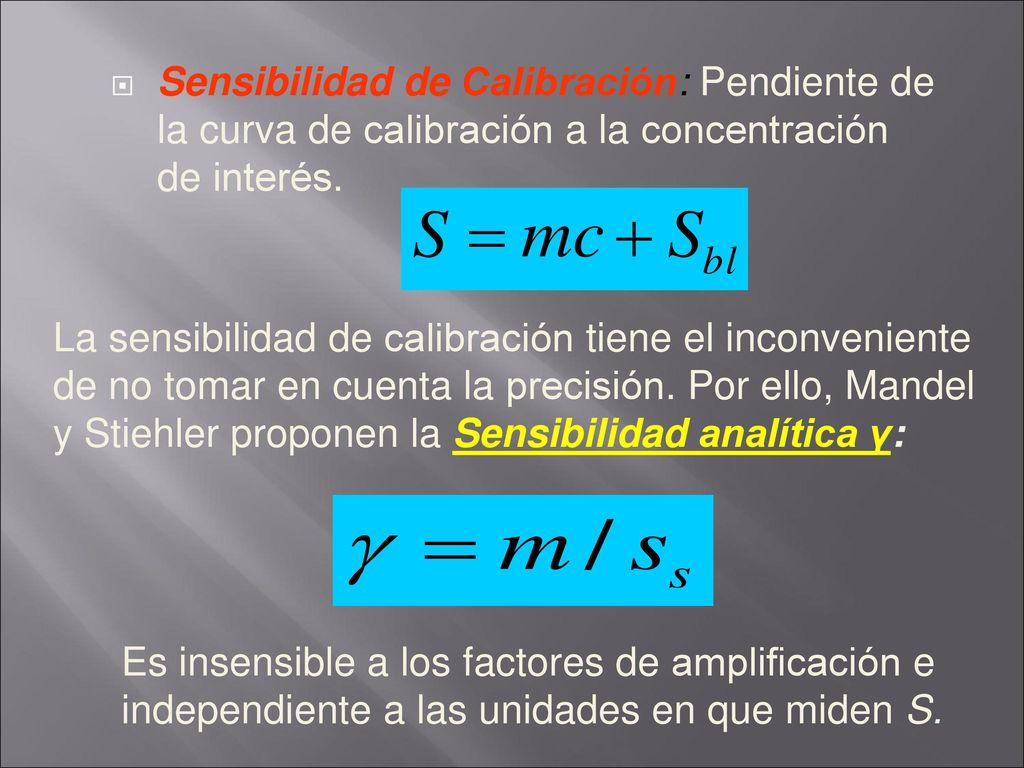 Sensibilidad de Calibración: Pendiente de la curva de calibración a la concentración de interés.