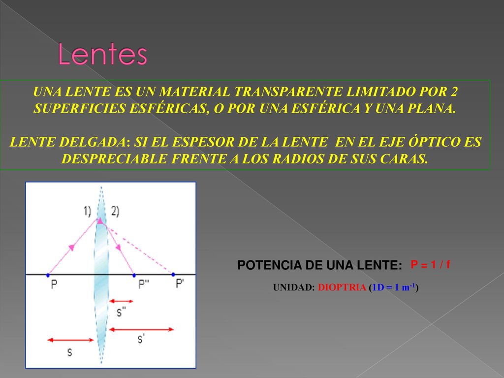 Lentes UNA LENTE ES UN MATERIAL TRANSPARENTE LIMITADO POR 2 SUPERFICIES ESFÉRICAS, O POR UNA ESFÉRICA Y UNA PLANA.