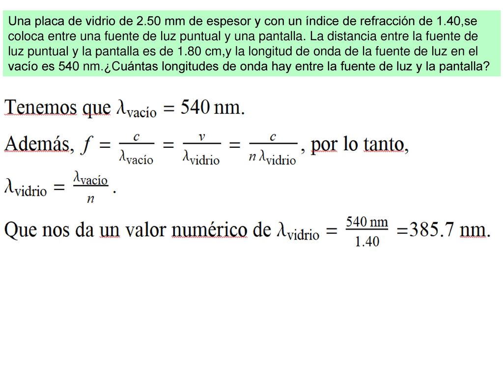 Una placa de vidrio de 2.50 mm de espesor y con un índice de refracción de 1.40,se coloca entre una fuente de luz puntual y una pantalla.