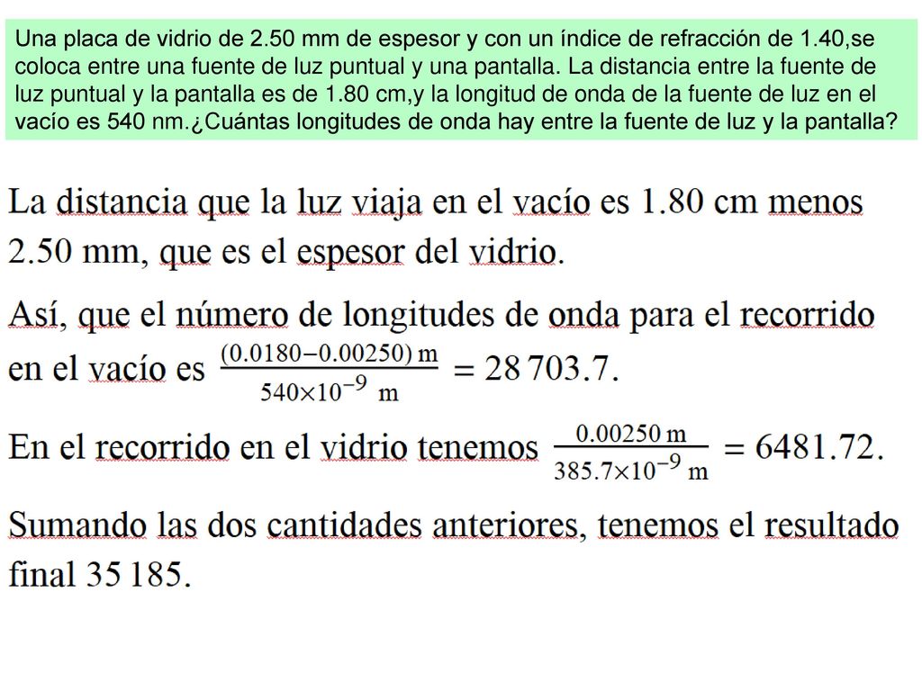 Una placa de vidrio de 2.50 mm de espesor y con un índice de refracción de 1.40,se coloca entre una fuente de luz puntual y una pantalla.