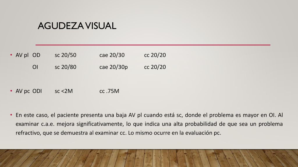 Agudeza Visual AV pl OD sc 20/50 cae 20/30 cc 20/20