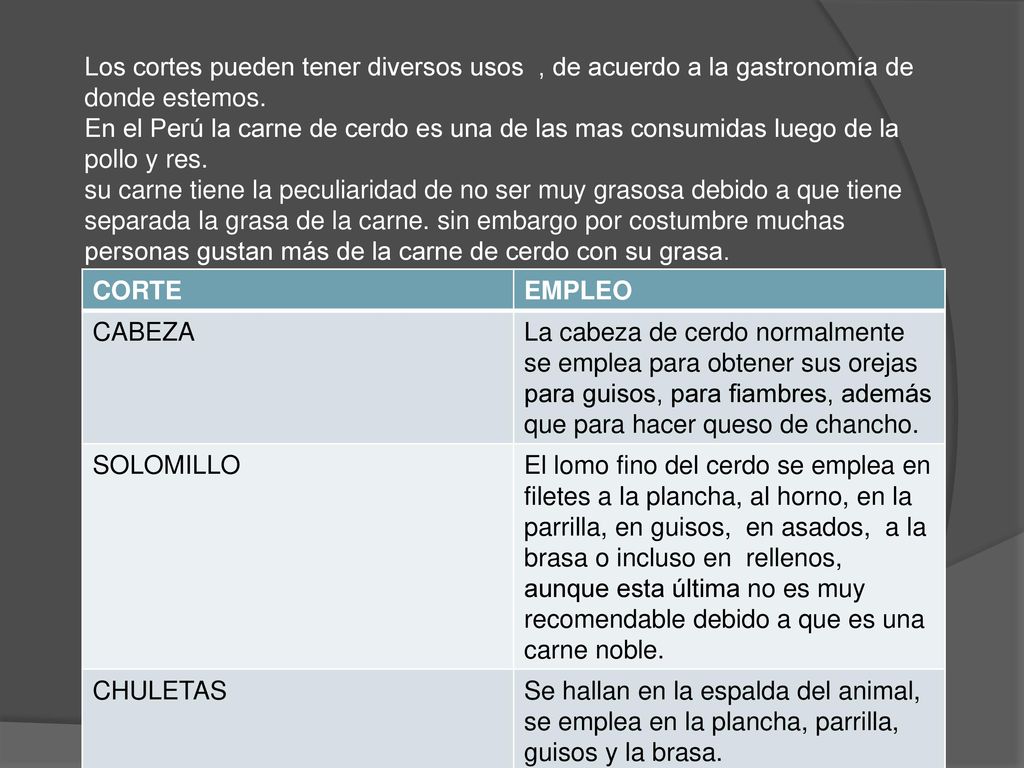 Los cortes pueden tener diversos usos , de acuerdo a la gastronomía de donde estemos.