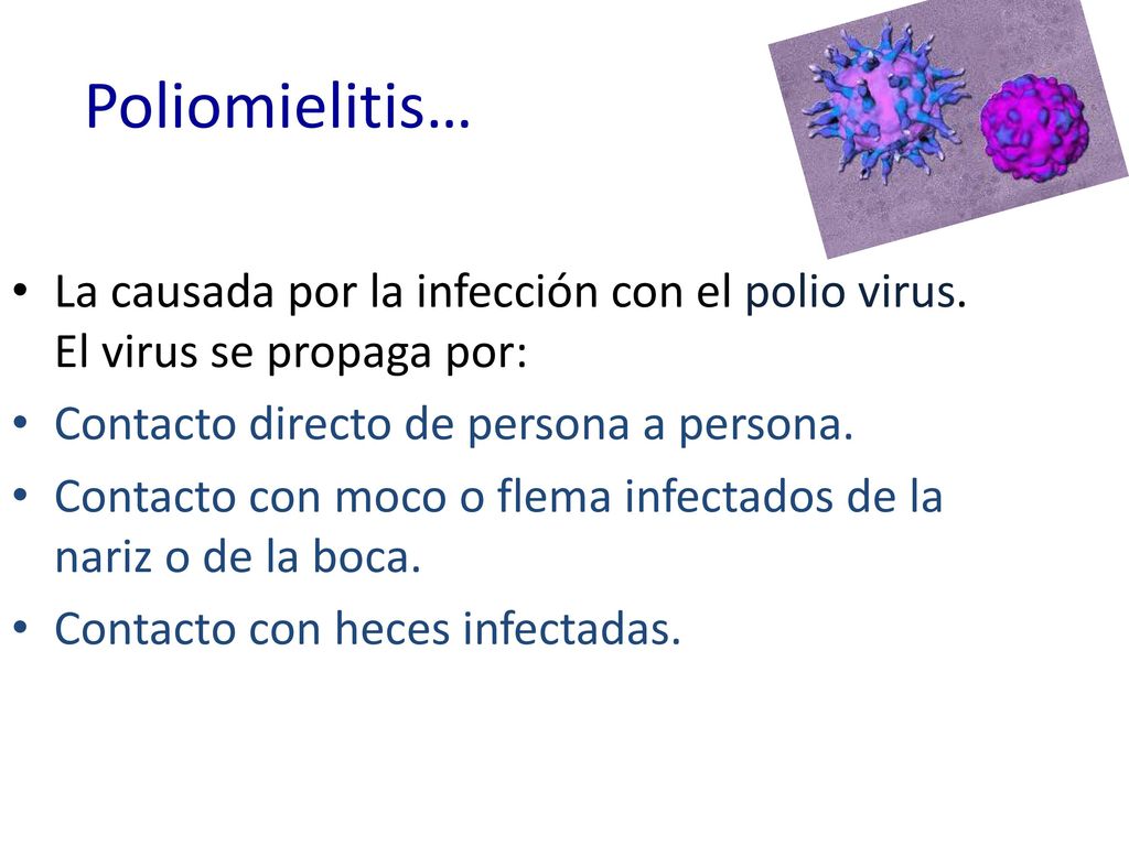 Poliomielitis… La causada por la infección con el polio virus. El virus se propaga por: Contacto directo de persona a persona.
