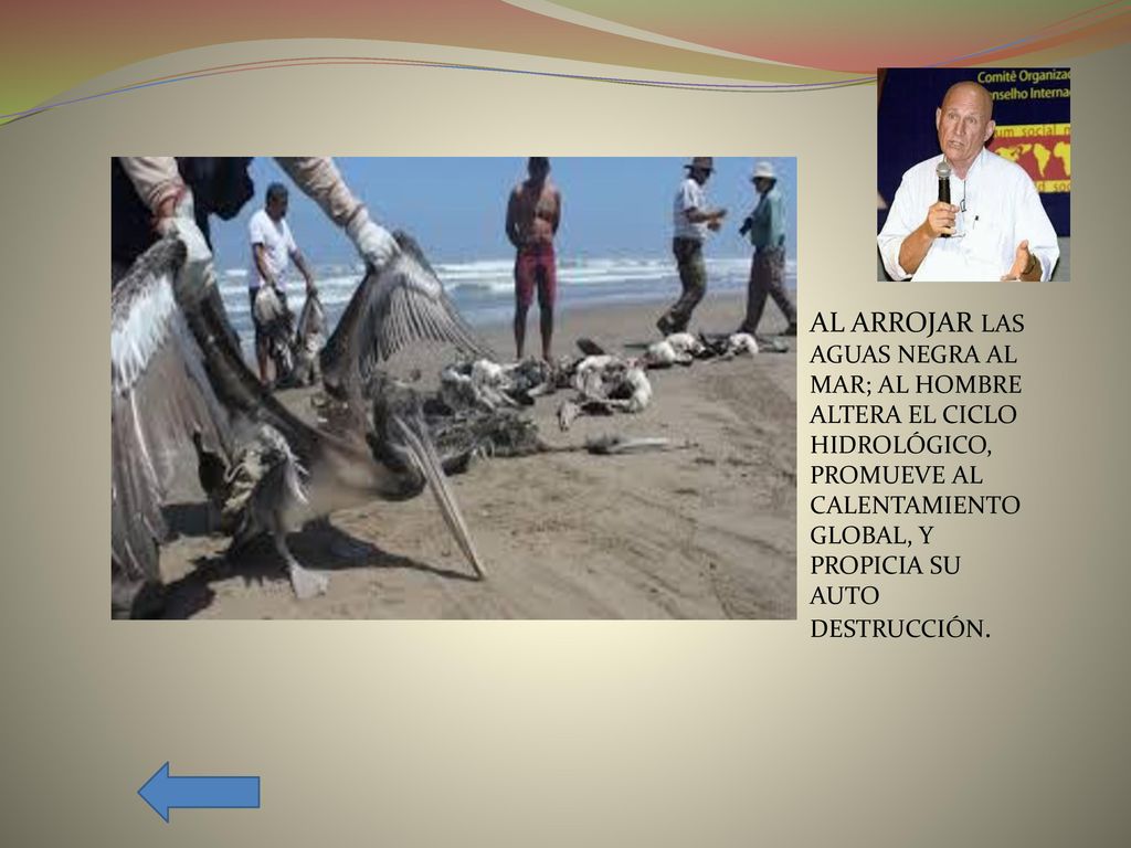 AL ARROJAR LAS AGUAS NEGRA AL MAR; AL HOMBRE ALTERA EL CICLO HIDROLÓGICO, PROMUEVE AL CALENTAMIENTO GLOBAL, Y PROPICIA SU AUTO DESTRUCCIÓN.