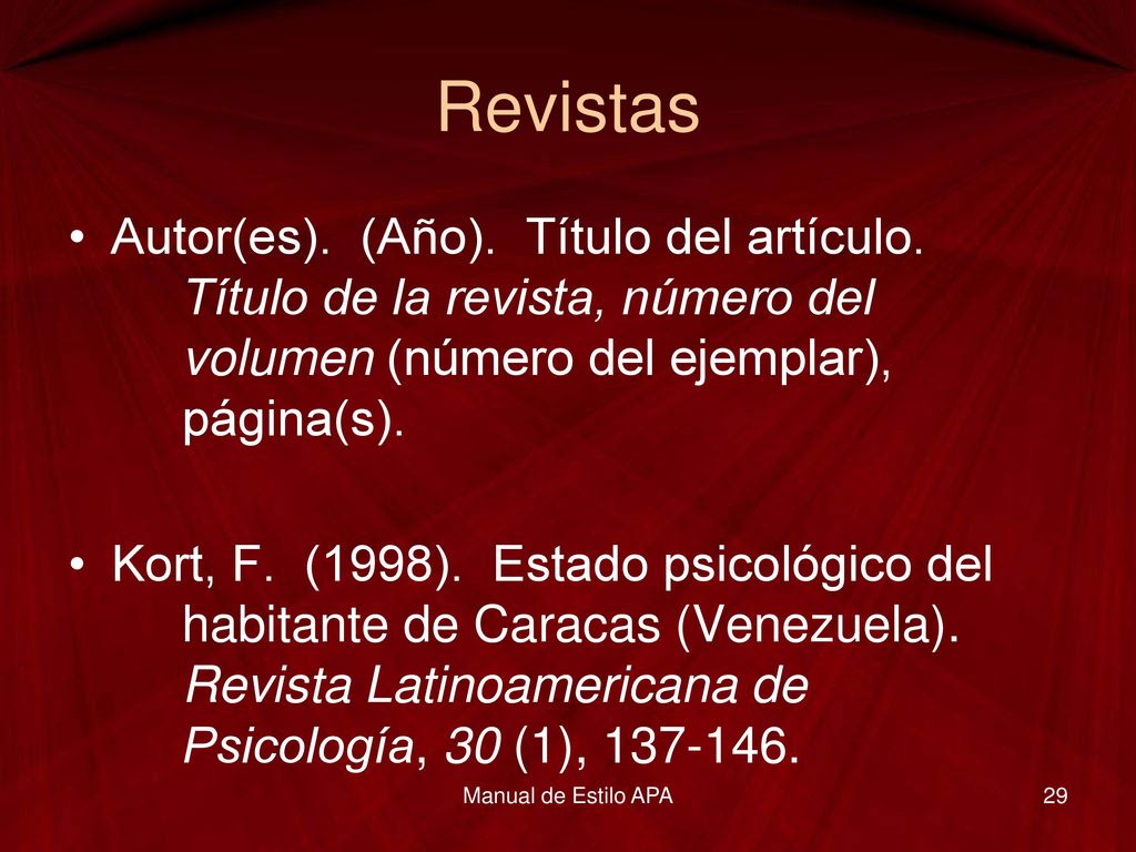 Revistas Autor(es). (Año). Título del artículo. Título de la revista, número del volumen (número del ejemplar), página(s).