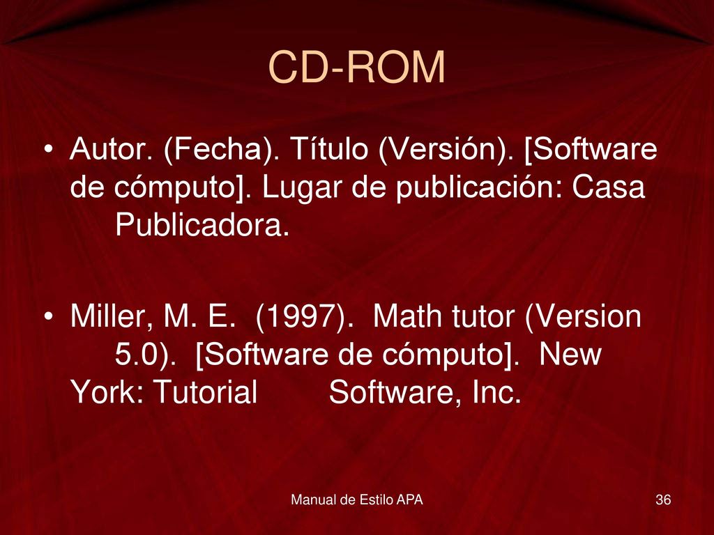 CD-ROM Autor. (Fecha). Título (Versión). [Software de cómputo]. Lugar de publicación: Casa Publicadora.