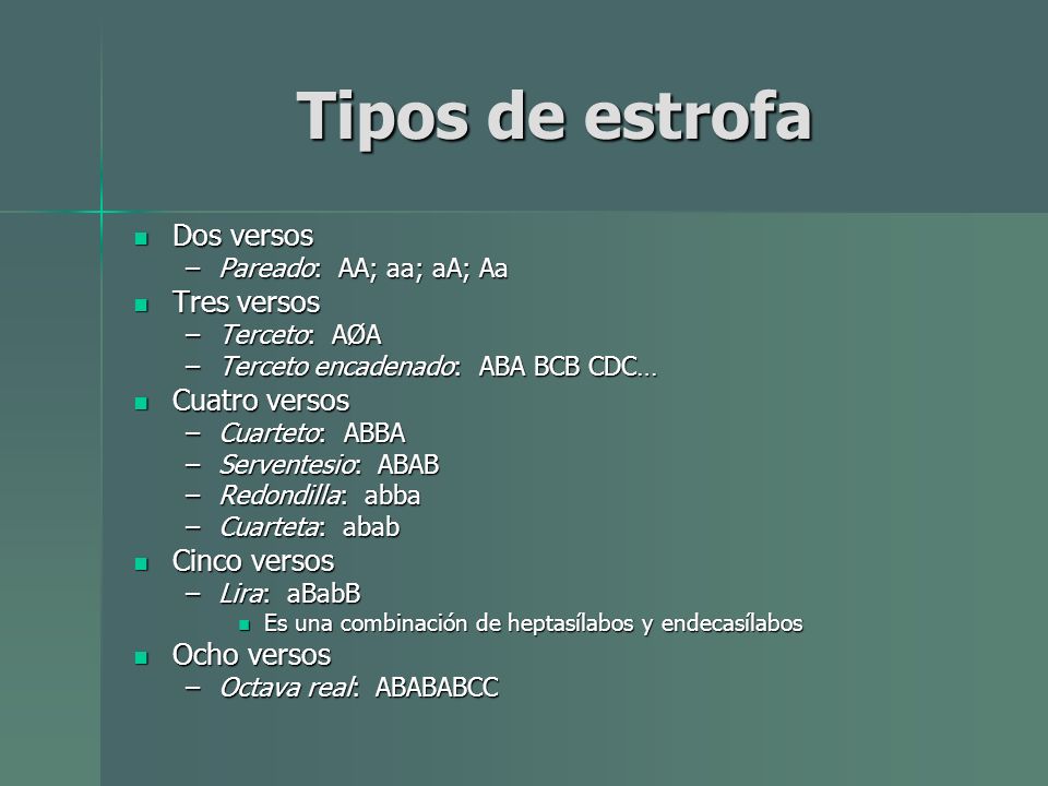 Tipos de estrofa Dos versos Tres versos Cuatro versos Cinco versos