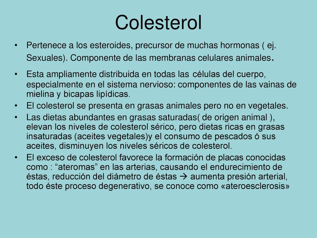 Colesterol Pertenece a los esteroides, precursor de muchas hormonas ( ej. Sexuales). Componente de las membranas celulares animales.
