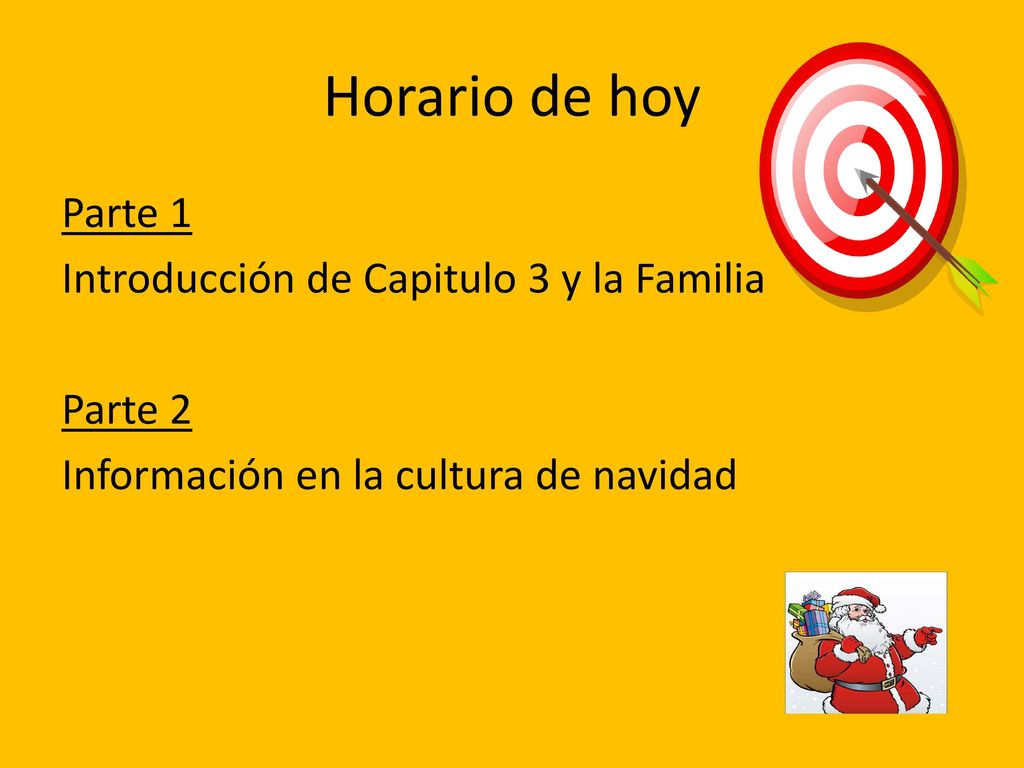 Horario de hoy Parte 1 Introducción de Capitulo 3 y la Familia Parte 2 Información en la cultura de navidad
