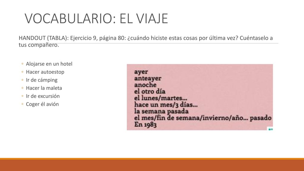 VOCABULARIO: EL VIAJE HANDOUT (TABLA): Ejercicio 9, página 80: ¿cuándo hiciste estas cosas por última vez Cuéntaselo a tus compañero.