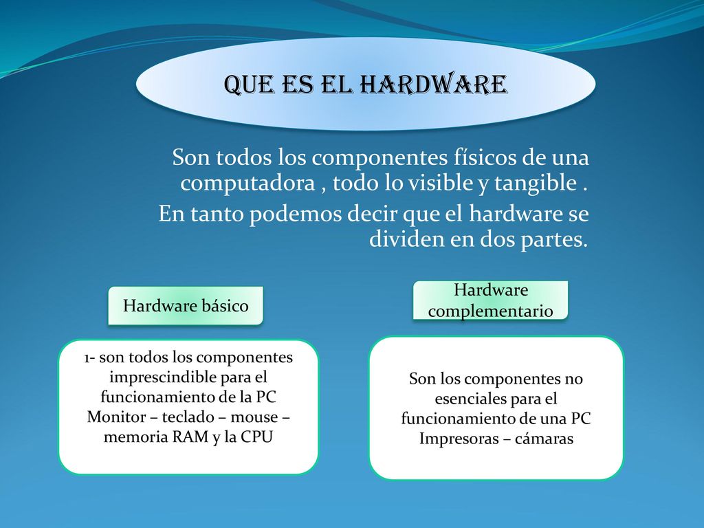 QUE ES EL HARDWARE Son todos los componentes físicos de una computadora , todo lo visible y tangible .