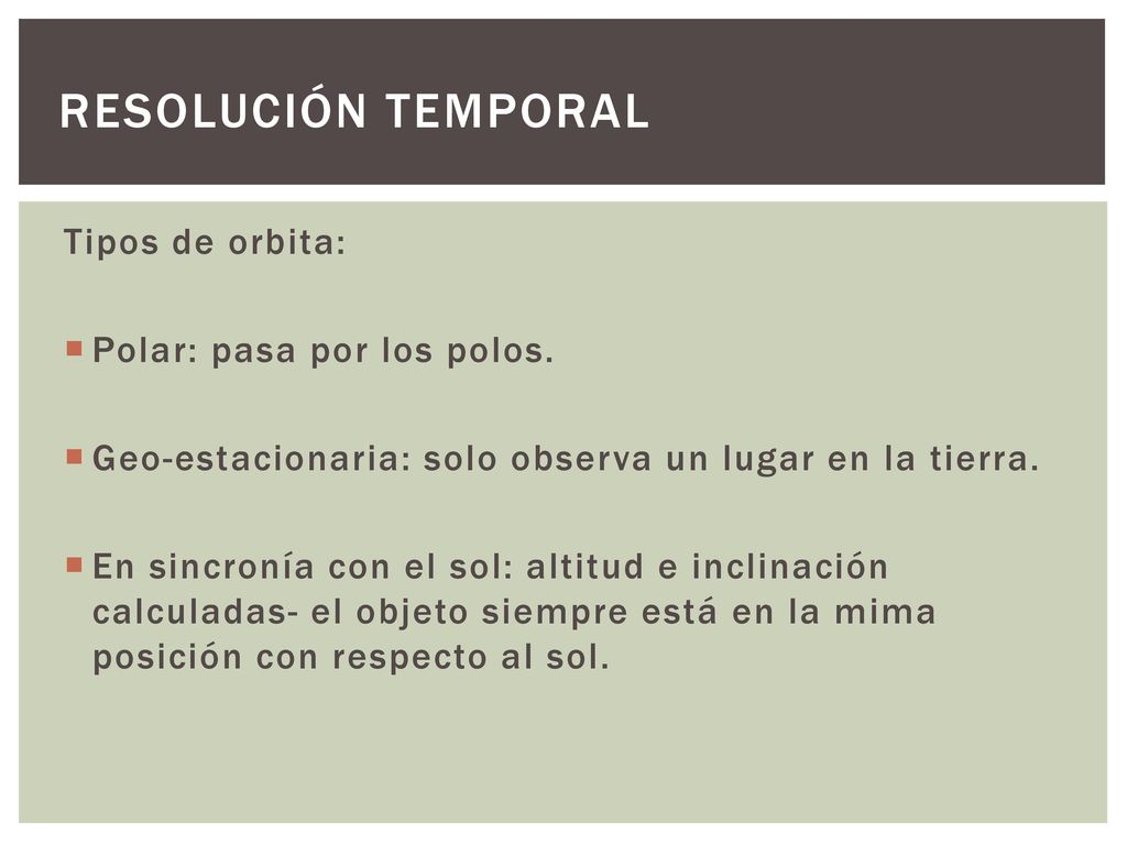 Resolución temporal Tipos de orbita: Polar: pasa por los polos.