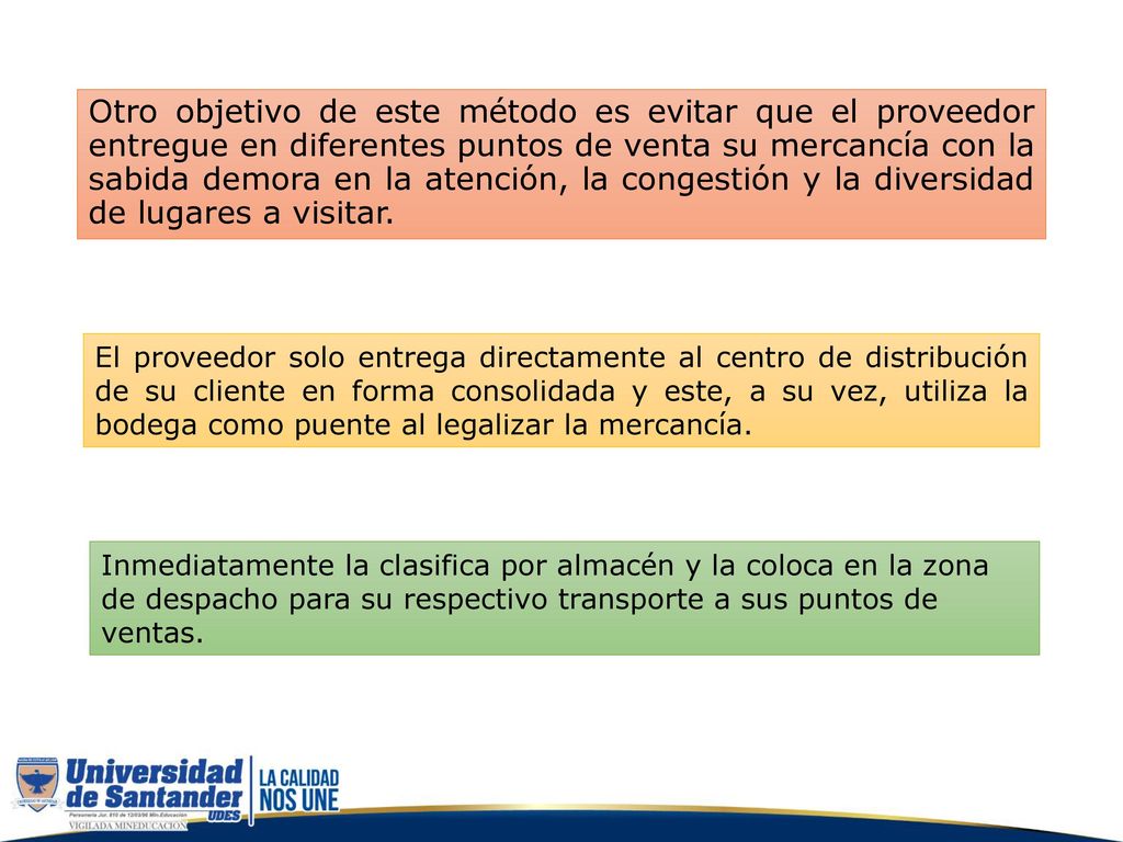 Otro objetivo de este método es evitar que el proveedor entregue en diferentes puntos de venta su mercancía con la sabida demora en la atención, la congestión y la diversidad de lugares a visitar.
