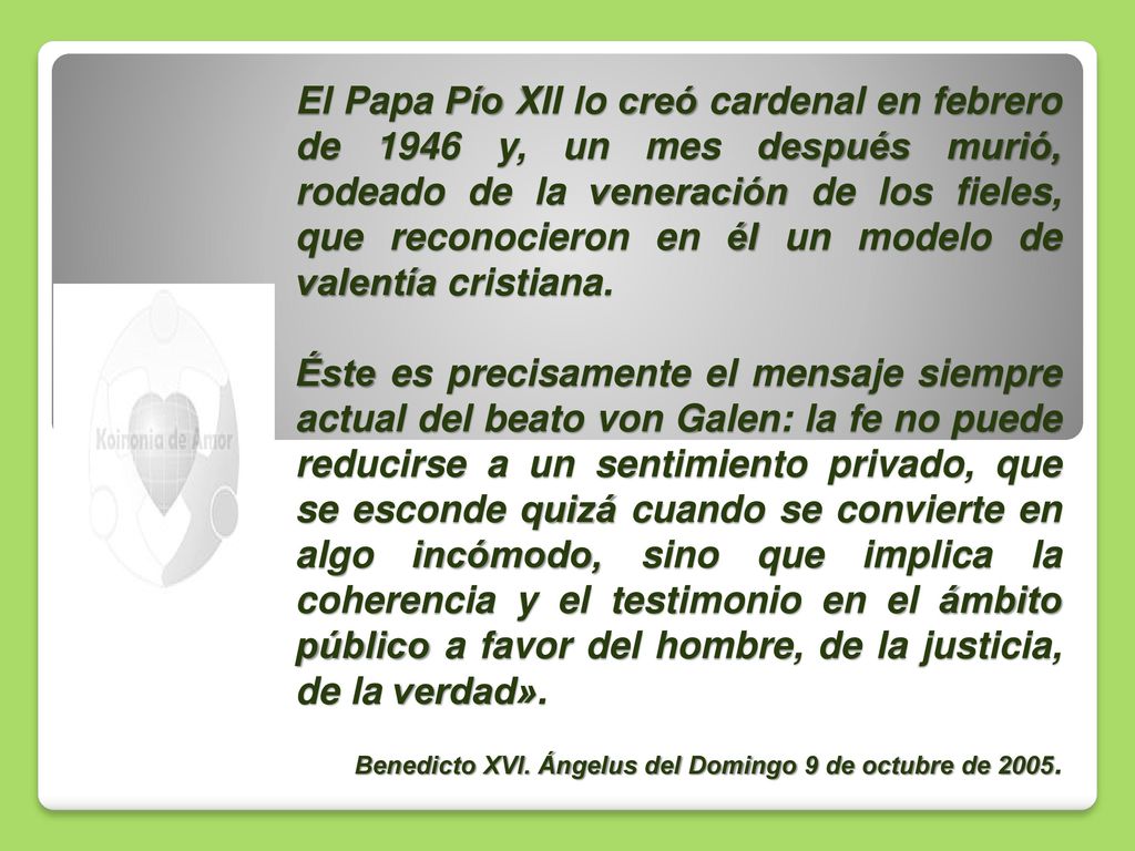 El Papa Pío XII lo creó cardenal en febrero de 1946 y, un mes después murió, rodeado de la veneración de los fieles, que reconocieron en él un modelo de valentía cristiana.