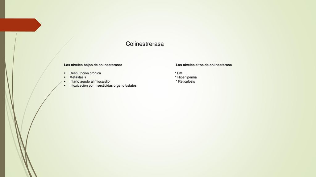 Colinestrerasa Los niveles bajos de colinesterasa: Los niveles altos de colinesterasa.