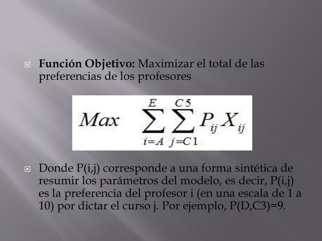 Función Objetivo: Maximizar el total de las preferencias de los profesores