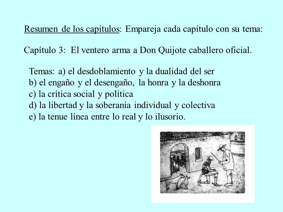 Capítulo 3: El ventero arma a Don Quijote caballero oficial.