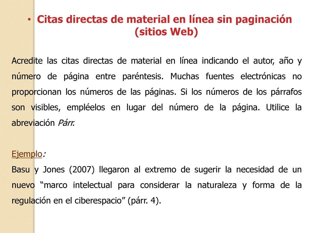 Citas directas de material en línea sin paginación (sitios Web)
