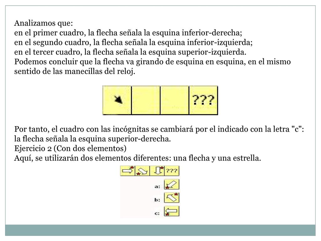 Analizamos que: en el primer cuadro, la flecha señala la esquina inferior-derecha;