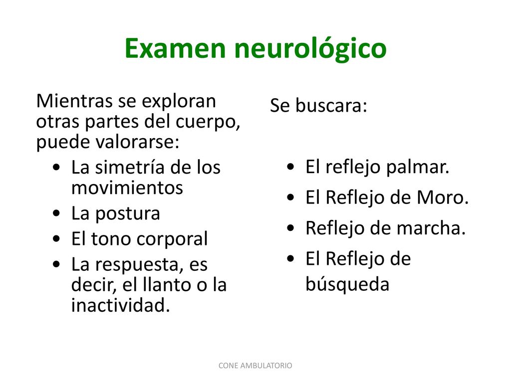 Examen neurológico Mientras se exploran otras partes del cuerpo, puede valorarse: La simetría de los movimientos.